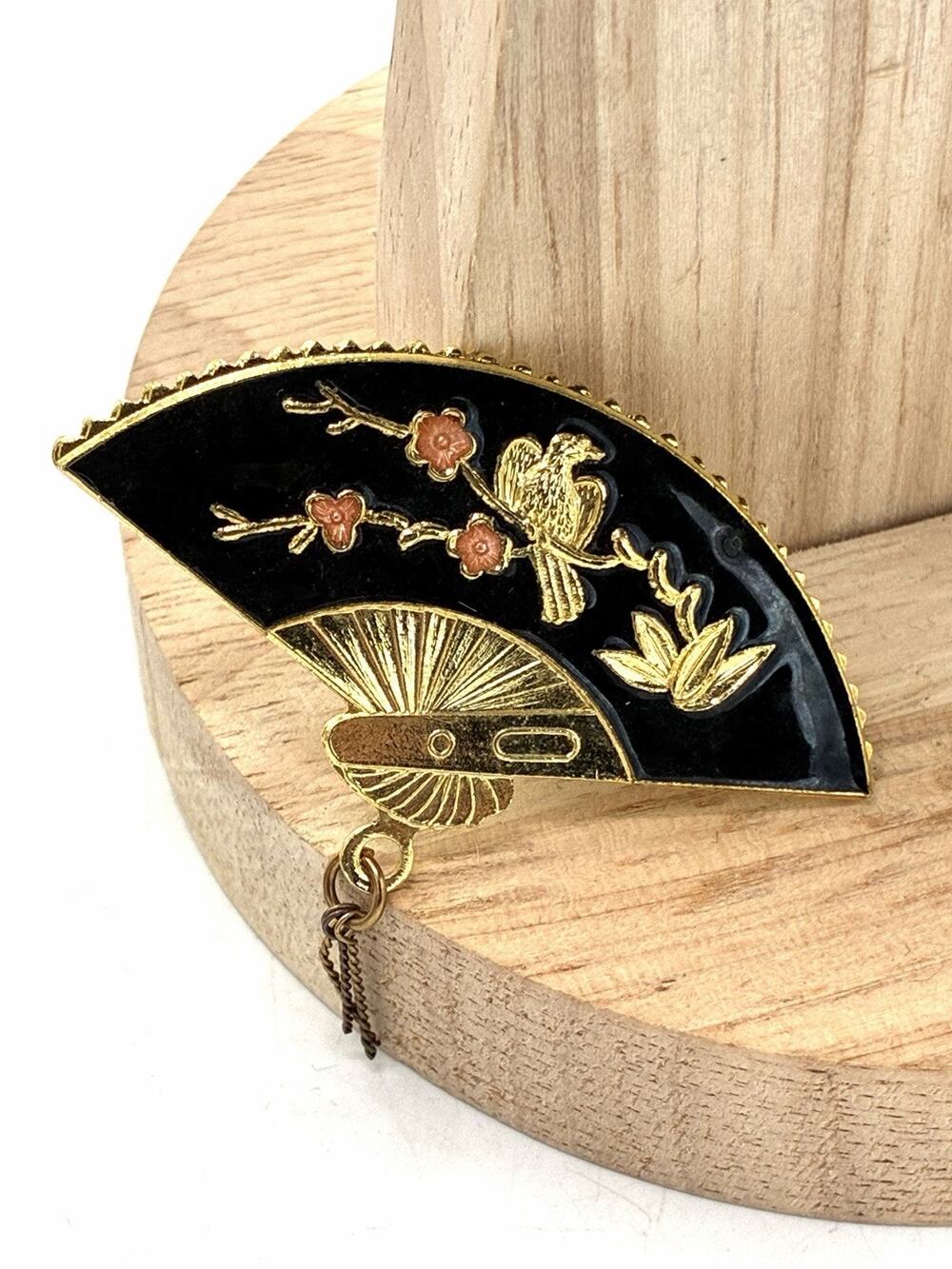 Vintage Black Enamel Asian Fan Brooch Gold Tone Bird Cherry Blossom Tassel